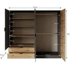 Meubella - Kledingkast Roma - Grijs - Eiken - 221 cm - Met spiegel Sale