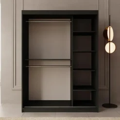 Meubella - Kledingkast Ulysses - Zwart - 150 cm - Met spiegel Discount