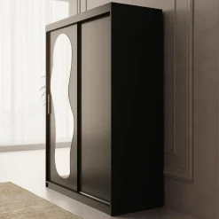 Meubella - Kledingkast Ulysses - Zwart - 150 cm - Met spiegel Discount