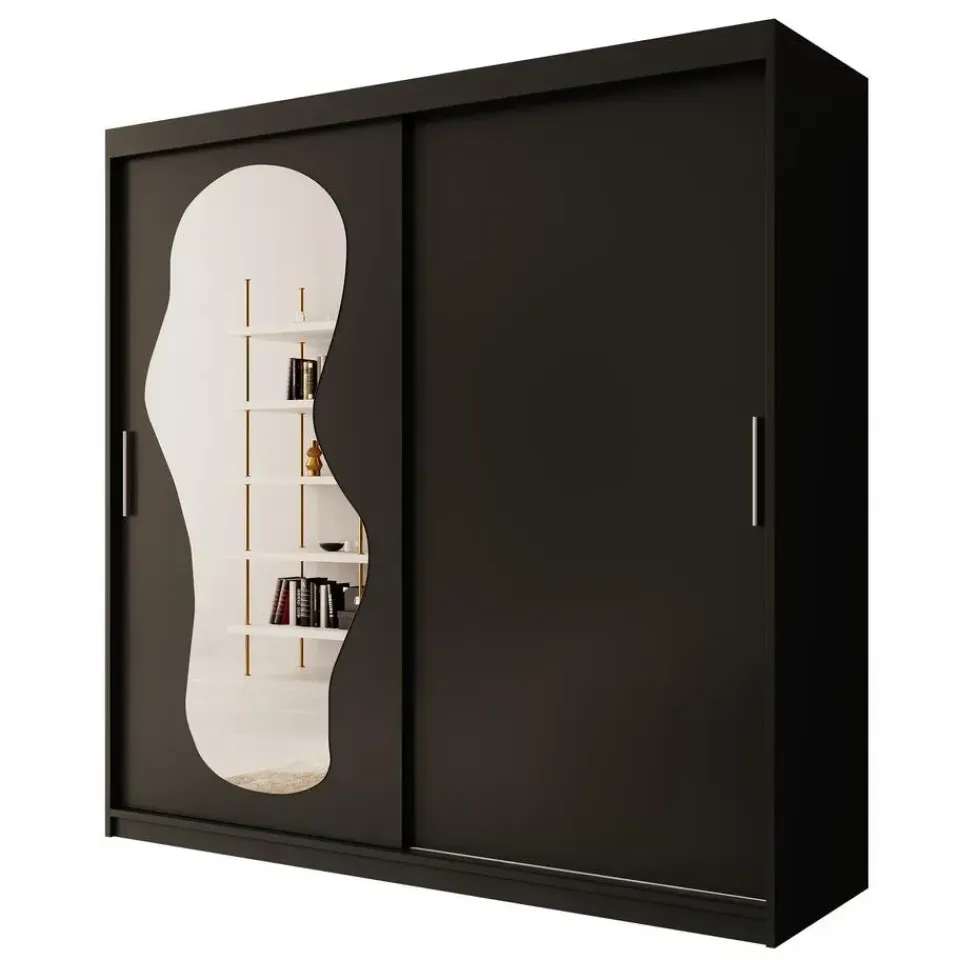 Meubella - Kledingkast Ulysses - Zwart - 200 cm - Met spiegel Discount