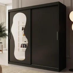 Meubella - Kledingkast Ulysses - Zwart - 200 cm - Met spiegel Discount