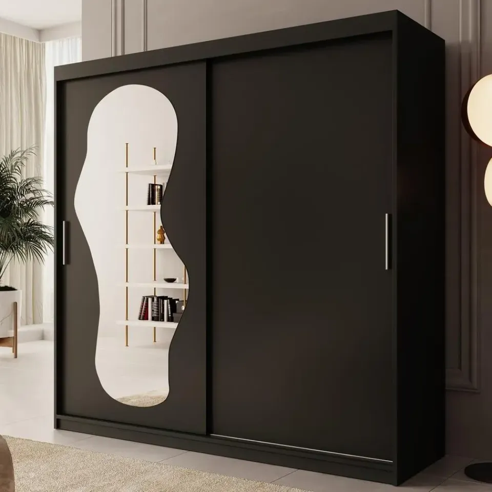 Meubella - Kledingkast Ulysses - Zwart - 200 cm - Met spiegel Discount