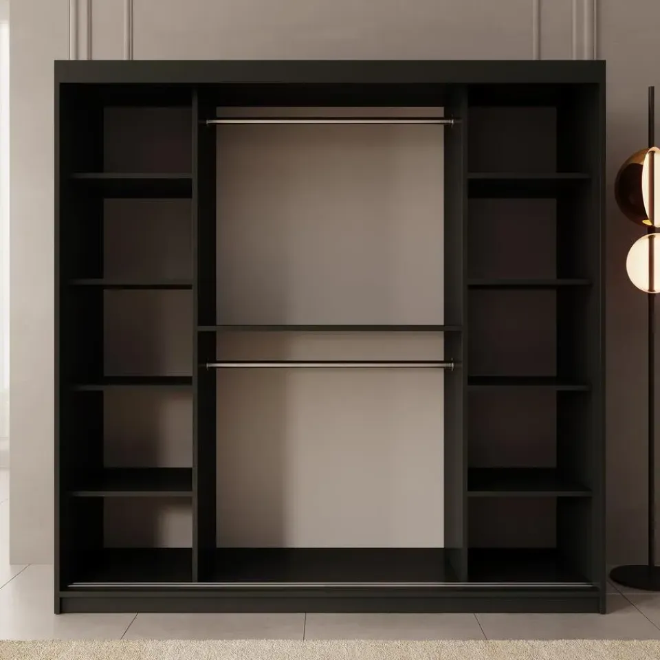 Meubella - Kledingkast Ulysses - Zwart - 200 cm - Met spiegel Discount