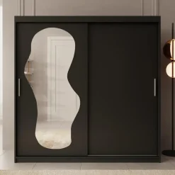 Meubella - Kledingkast Ulysses - Zwart - 200 cm - Met spiegel Discount