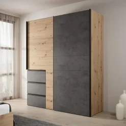 Meubella - Kledingkast Walter - Eiken - Grijs - 170 cm Outlet