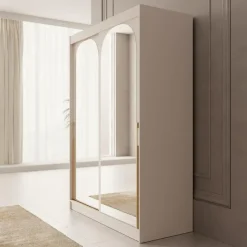 Meubella - Moniq - Kledingkast met schuifdeuren - Beige - 150x65x215 cm Discount