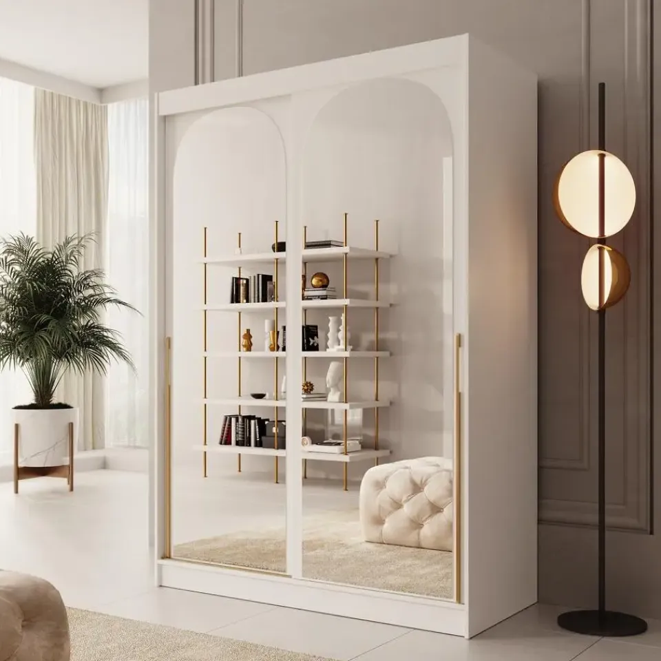 Meubella - Moniq - Kledingkast met schuifdeuren - Wit - 150x65x215 cm