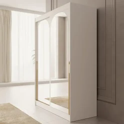 Meubella - Moniq - Kledingkast met schuifdeuren - Wit - 150x65x215 cm