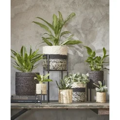 Mica Decorations Bloempot - rotan - zwart - jute - 20 x 20 cm