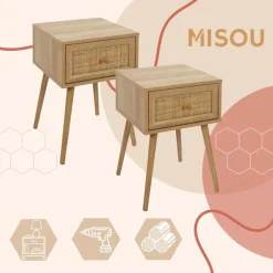 MISOU Nachtkastje Met Lade Set van 2 Rotan Webbing Hout Outlet