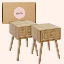 MISOU Nachtkastje Met Lade Set van 2 Rotan Webbing Hout Outlet