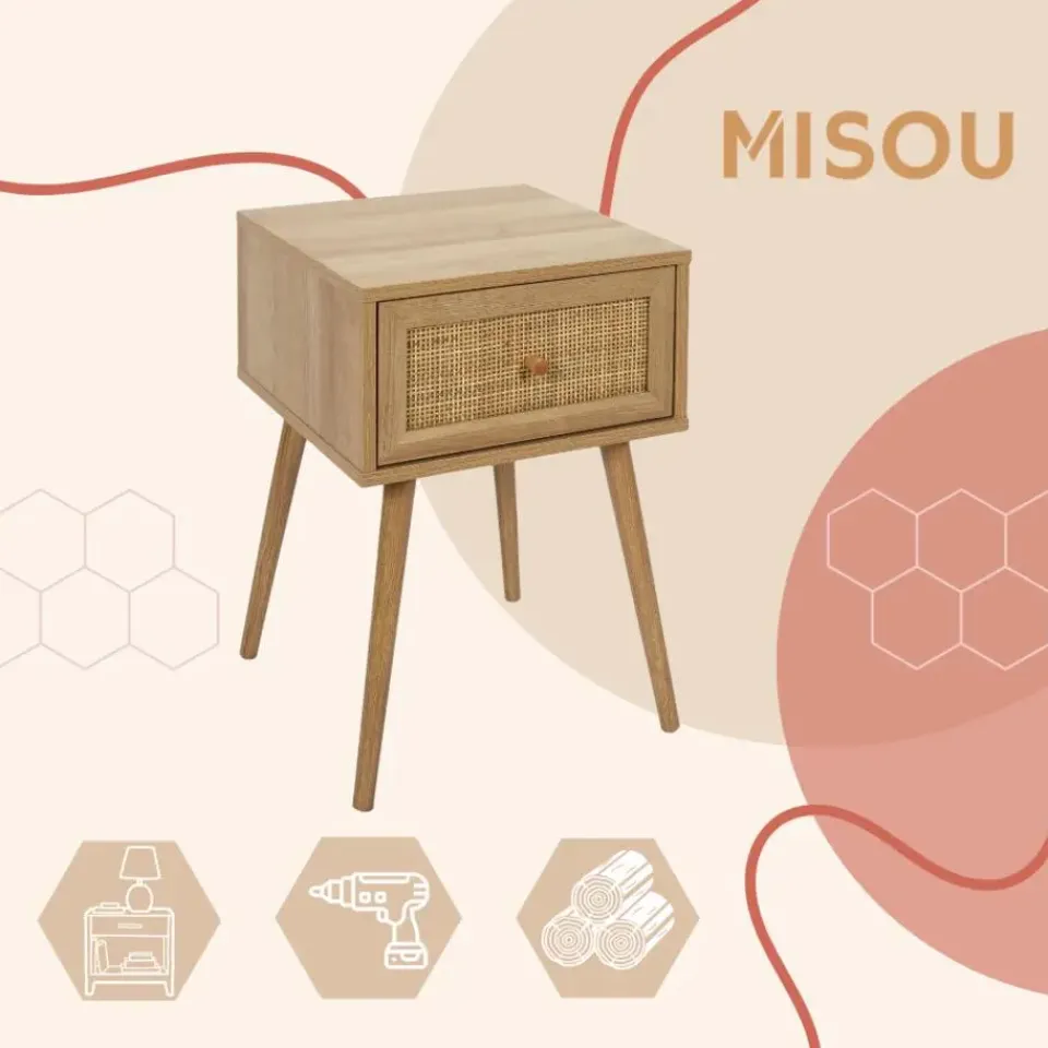 MISOU Nachtkastje Met Lade Rotan Webbing Hout Hot