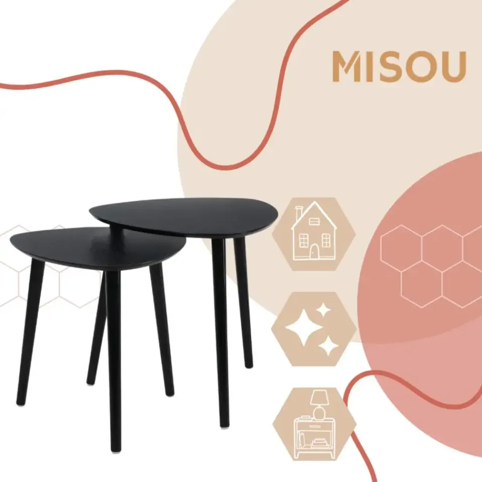 HIXA MISOU Salontafel Set van 2 Bijzettafel Diehoekig Zwart Bijzettafeltje New