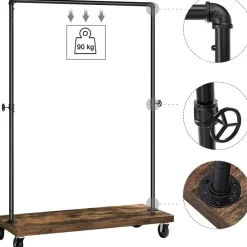 Merkloos Mobiel kledingrek - rustiek heavy-duty - 1 rail - industrieel design - bruin Outlet