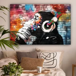 MuchoWow Canvas Schilderij 120x80cm Aap Graffiti Muziek Sale