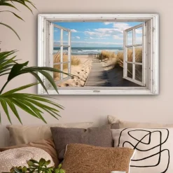 MuchoWow Canvas Schilderij 90x60cm Raam Zee Kust Natuur Outlet