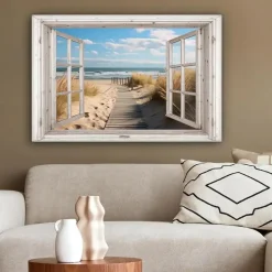 MuchoWow Canvas Schilderij 90x60cm Raam Zee Kust Natuur Outlet