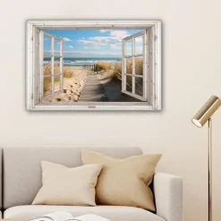 MuchoWow Canvas Schilderij 90x60cm Raam Zee Kust Natuur Outlet