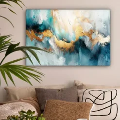 MuchoWow Canvas Schilderij 90x60cm Abstract Kunst Gold Blauw Clearance