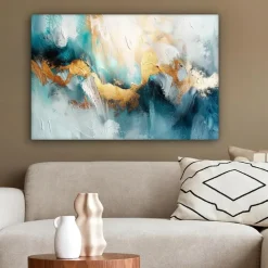 MuchoWow Canvas Schilderij 90x60cm Abstract Kunst Gold Blauw Clearance