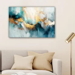 MuchoWow Canvas Schilderij 90x60cm Abstract Kunst Gold Blauw Clearance