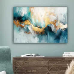 MuchoWow Canvas Schilderij 90x60cm Abstract Kunst Gold Blauw Clearance