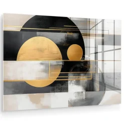MuchoWow Glasschilderij 90x60cm Abstract Goud Zilver Vormen Clearance