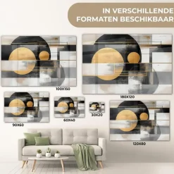 MuchoWow Glasschilderij 90x60cm Abstract Goud Zilver Vormen Clearance