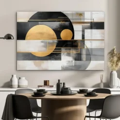 MuchoWow Glasschilderij 90x60cm Abstract Goud Zilver Vormen Clearance