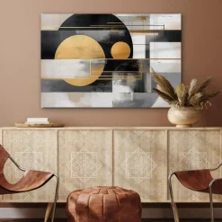 MuchoWow Glasschilderij 90x60cm Abstract Goud Zilver Vormen Clearance