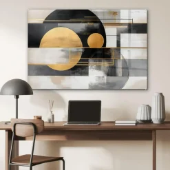 MuchoWow Glasschilderij 90x60cm Abstract Goud Zilver Vormen Clearance