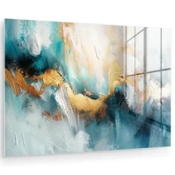 MuchoWow Glasschilderij 90x60cm Abstract Kunst Gold Blauw Clearance