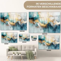 MuchoWow Glasschilderij 90x60cm Abstract Kunst Gold Blauw Clearance