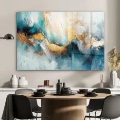 MuchoWow Glasschilderij 90x60cm Abstract Kunst Gold Blauw Clearance