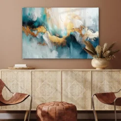 MuchoWow Glasschilderij 90x60cm Abstract Kunst Gold Blauw Clearance