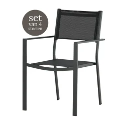 Leen Bakker Nest outdoor Narda aluminium tuinstoel zwart - met armleuningen - set van 4 Outlet