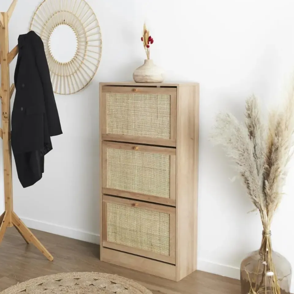 Nordix Schoenenkast met 3 Lades Schoenen Opbergsysteem Rotan Bruin Hout Clearance