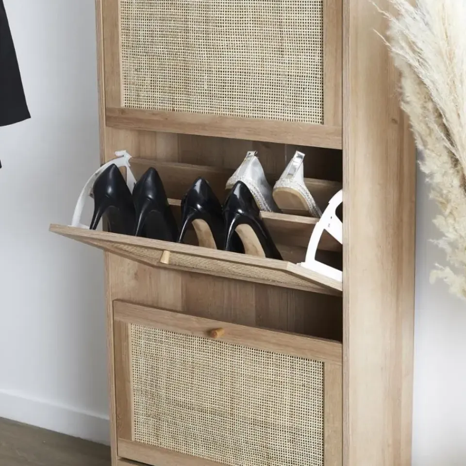 Nordix Schoenenkast met 3 Lades Schoenen Opbergsysteem Rotan Bruin Hout Clearance