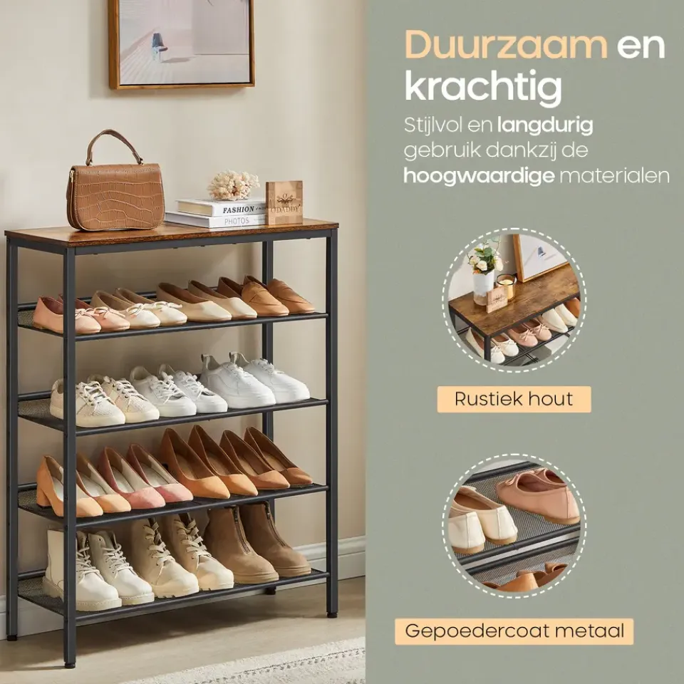 O'DADDY Schoenenrek 5-Laags - Industrieel Design - Bruin Hout/Zwart Metaal Sale