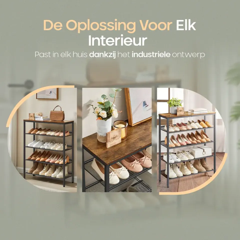 O'DADDY Schoenenrek 5-Laags - Industrieel Design - Bruin Hout/Zwart Metaal Sale