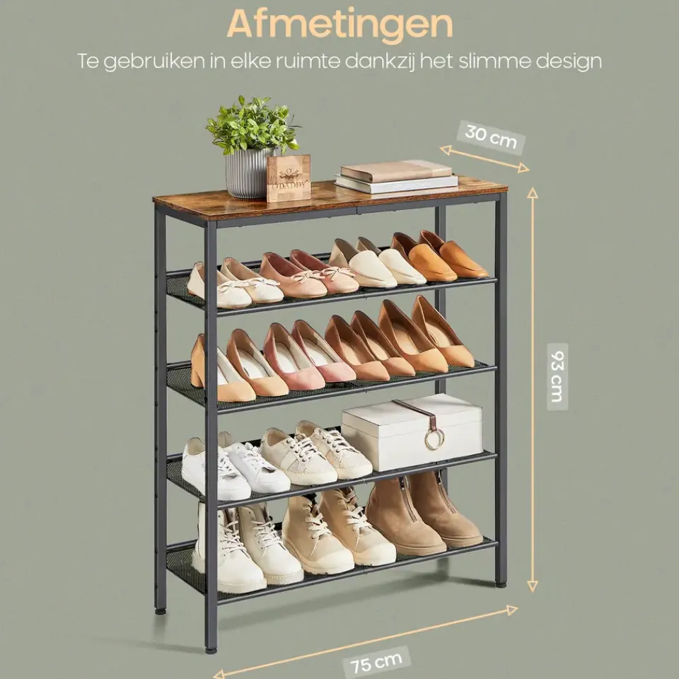 O'DADDY Schoenenrek 5-Laags - Industrieel Design - Bruin Hout/Zwart Metaal Sale