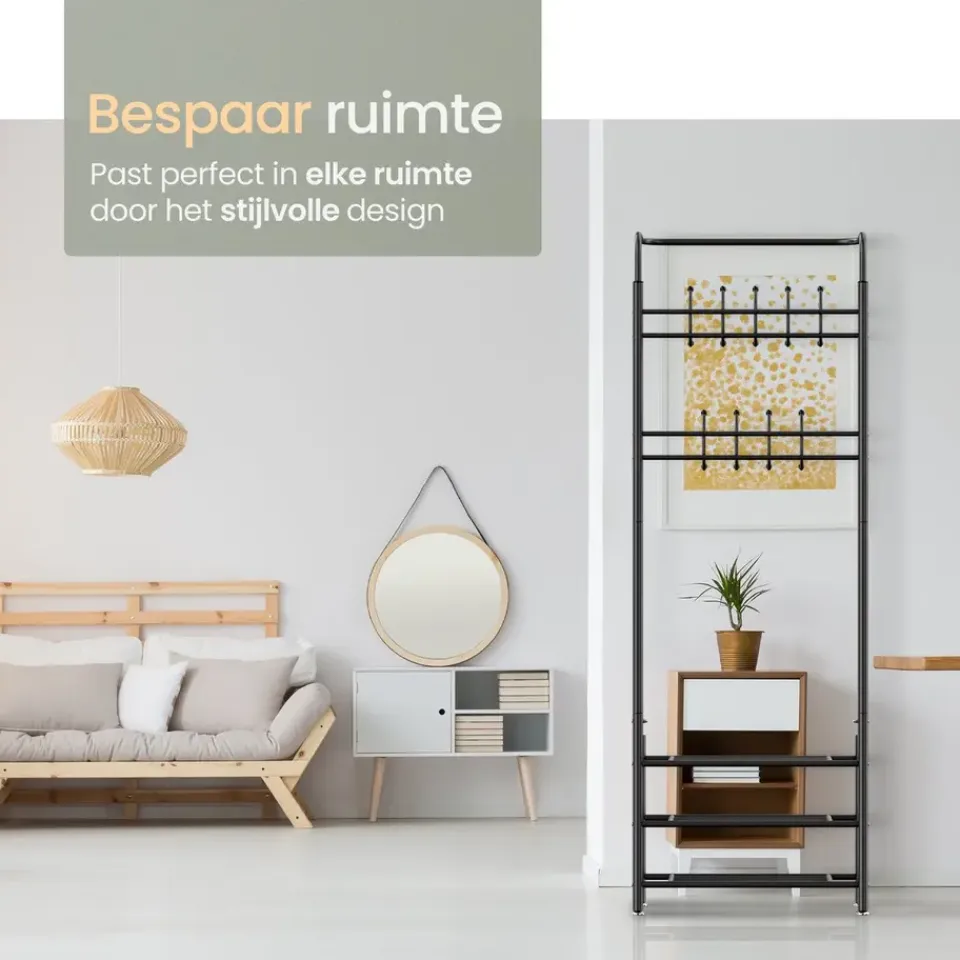 O'DADDY Staande Kapstok met Schoenenrek - Zwart Metaal Outlet