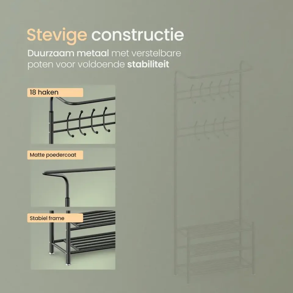O'DADDY Staande Kapstok met Schoenenrek - Zwart Metaal Outlet