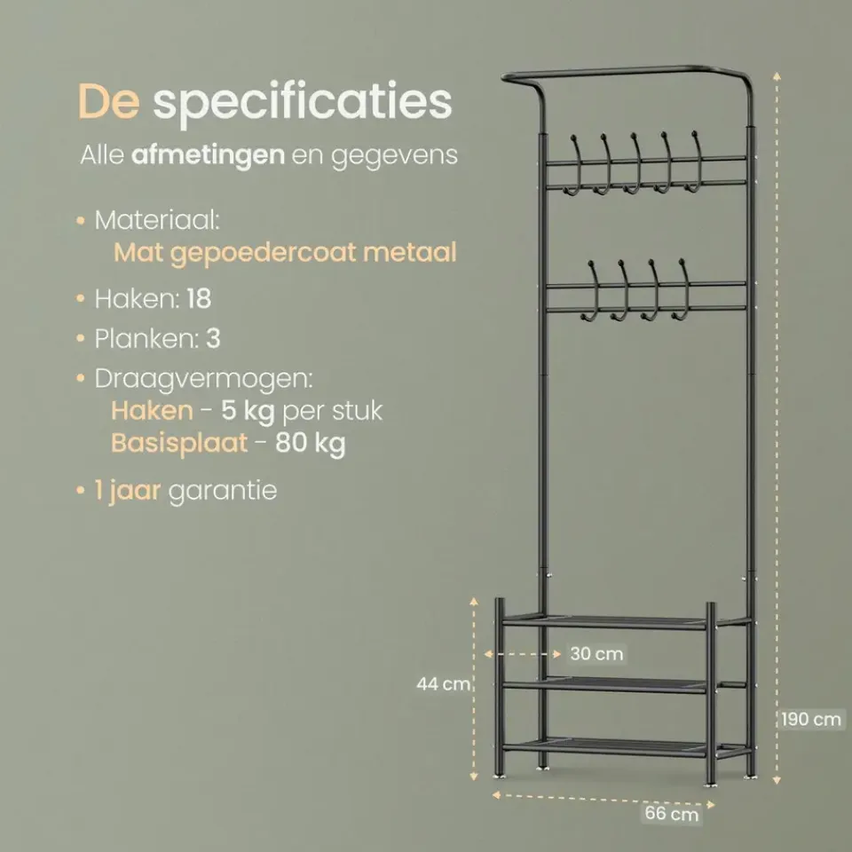 O'DADDY Staande Kapstok met Schoenenrek - Zwart Metaal Outlet