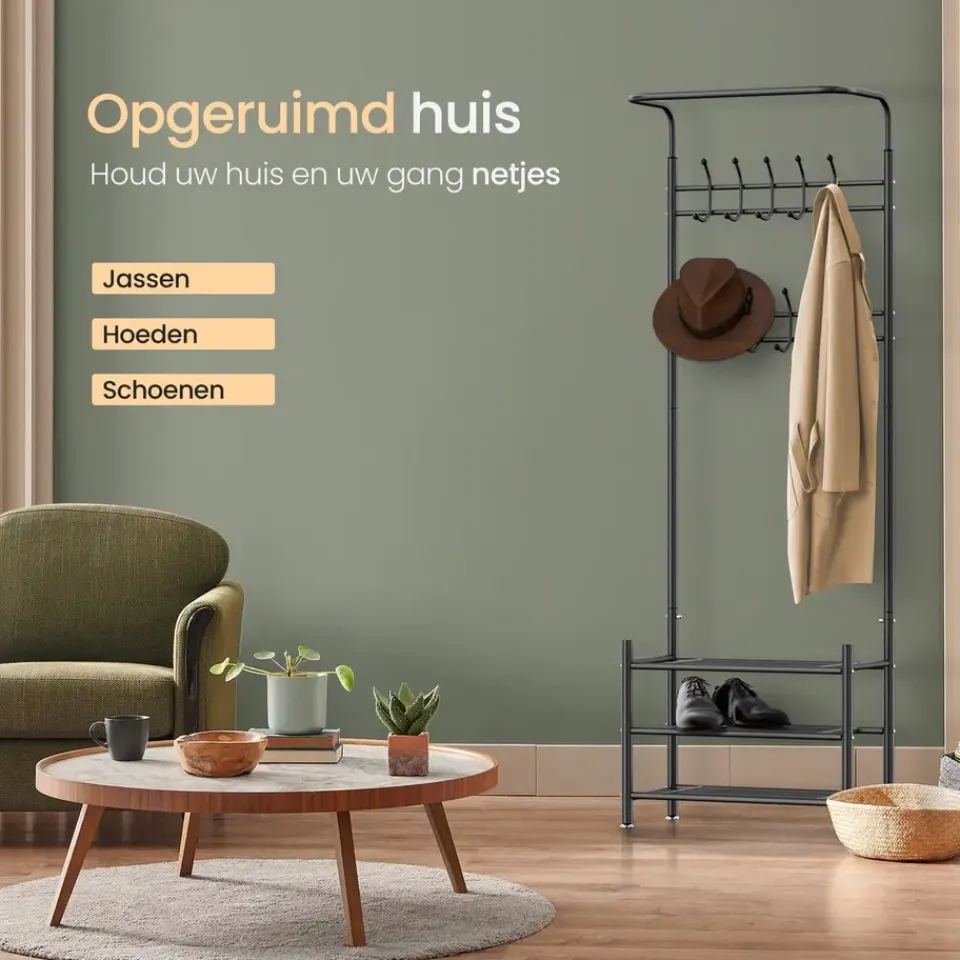 O'DADDY Staande Kapstok met Schoenenrek - Zwart Metaal Outlet