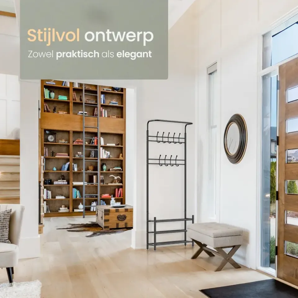 O'DADDY Staande Kapstok met Schoenenrek - Zwart Metaal Outlet