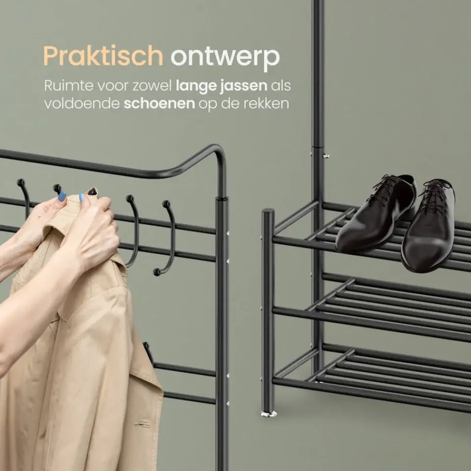 O'DADDY Staande Kapstok met Schoenenrek - Zwart Metaal Outlet