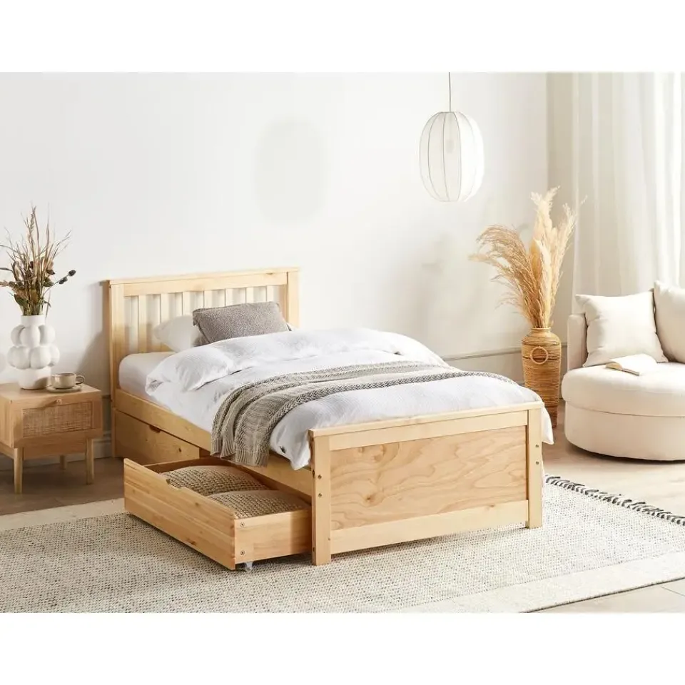 Beliani OLENDON - Bed met opbergruimte - Lichtbruin - 90 x 200 cm - Dennenhout Clearance