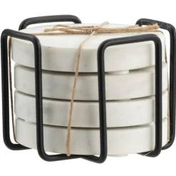 Leen Bakker Onderzetters wit marmer - set van 4 - Ø11 cm - met houder Clearance