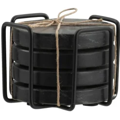 Leen Bakker Onderzetters zwart marmer - set van 4 - Ø11 cm - met houder Hot